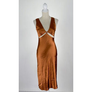 Shareen Collections Womens V Neck Cut Out Midi Dress Side Zip Size 6 Brown NWT